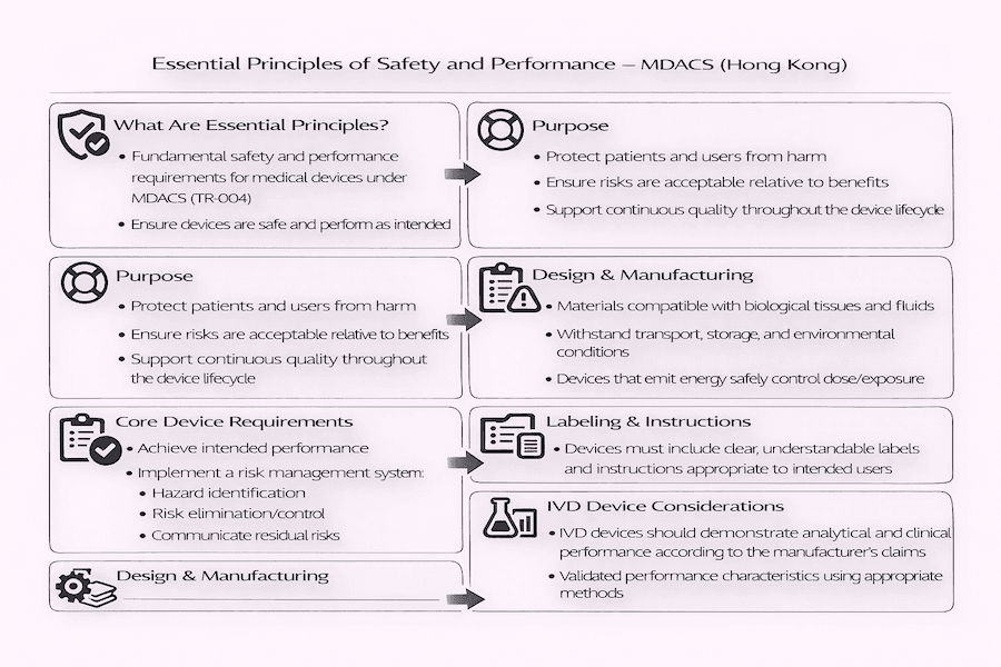 Infographic: Essential Principles of Safety and Performance – MDACS (Hong Kong). Covers purpose (protect users, acceptable risks), core requirements (performance, risk management), design/manufacturing (materials, energy safety), labeling/instructions, and IVD-specific considerations.