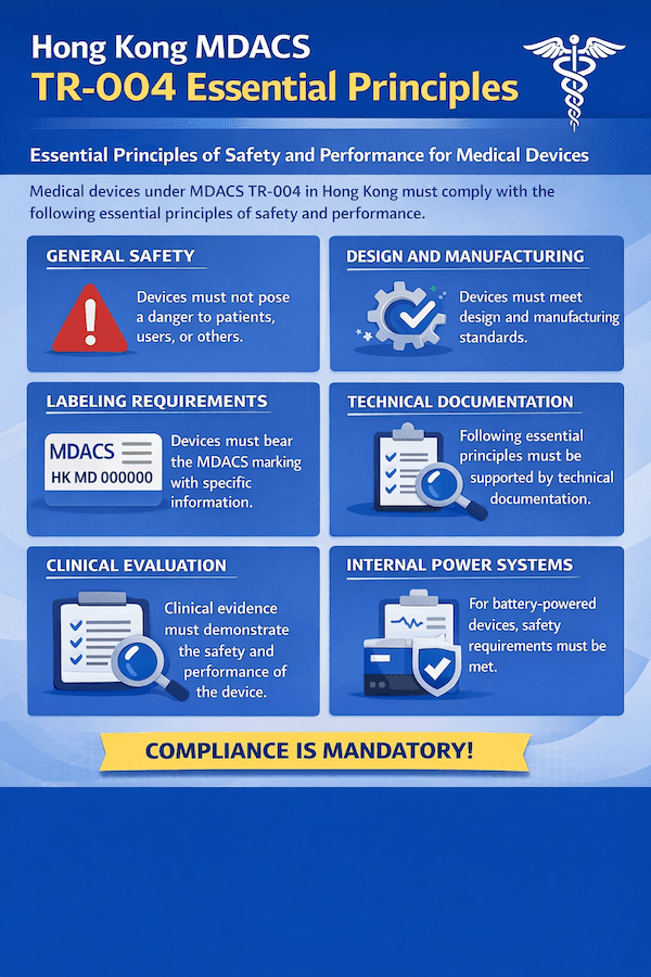 Infographic: Hong Kong MDACS TR-004 Essential Principles. Key requirements: General Safety (no danger), Design & Manufacturing standards, Labelling (MDACS marking), Technical Documentation, Clinical Evaluation, Internal Power Systems (battery safety). Compliance mandatory.