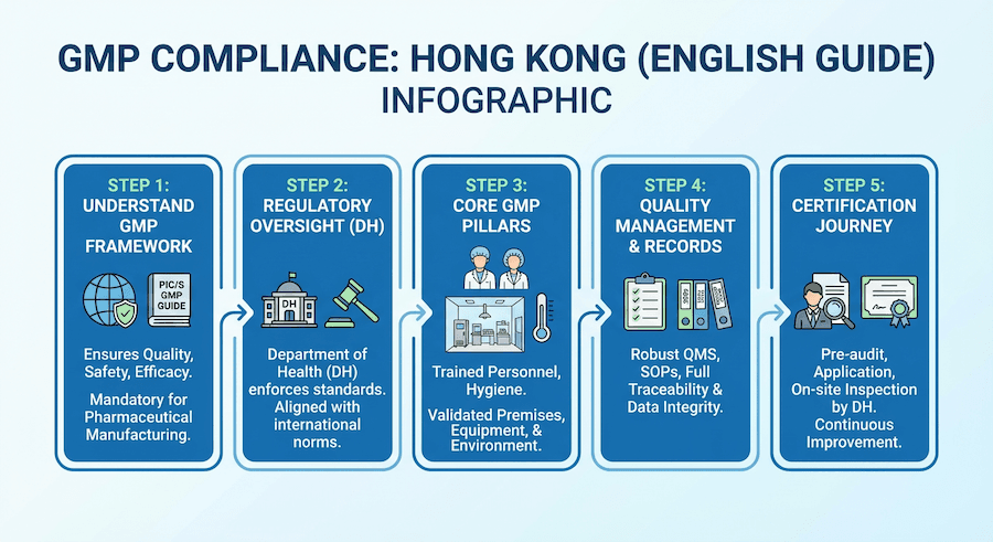 Infographic: GMP Compliance - Hong Kong (English Guide). 5 steps: 1. Understand GMP Framework; 2. Regulatory Oversight (DH); 3. Core GMP Pillars; 4. Quality Management & Records; 5. Certification Journey.