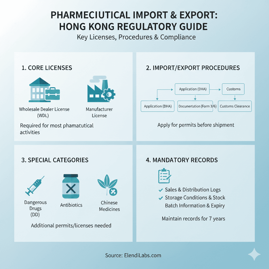 Infographic: Pharmaceutical Import & Export - Hong Kong Regulatory Guide. Covers 1. Core Licenses (WDL, Manufacturer); 2. Import/Export Procedures (DHA permits); 3. Special Categories (Dangerous Drugs, Antibiotics, Chinese Medicines); 4. Mandatory Records (7 years)